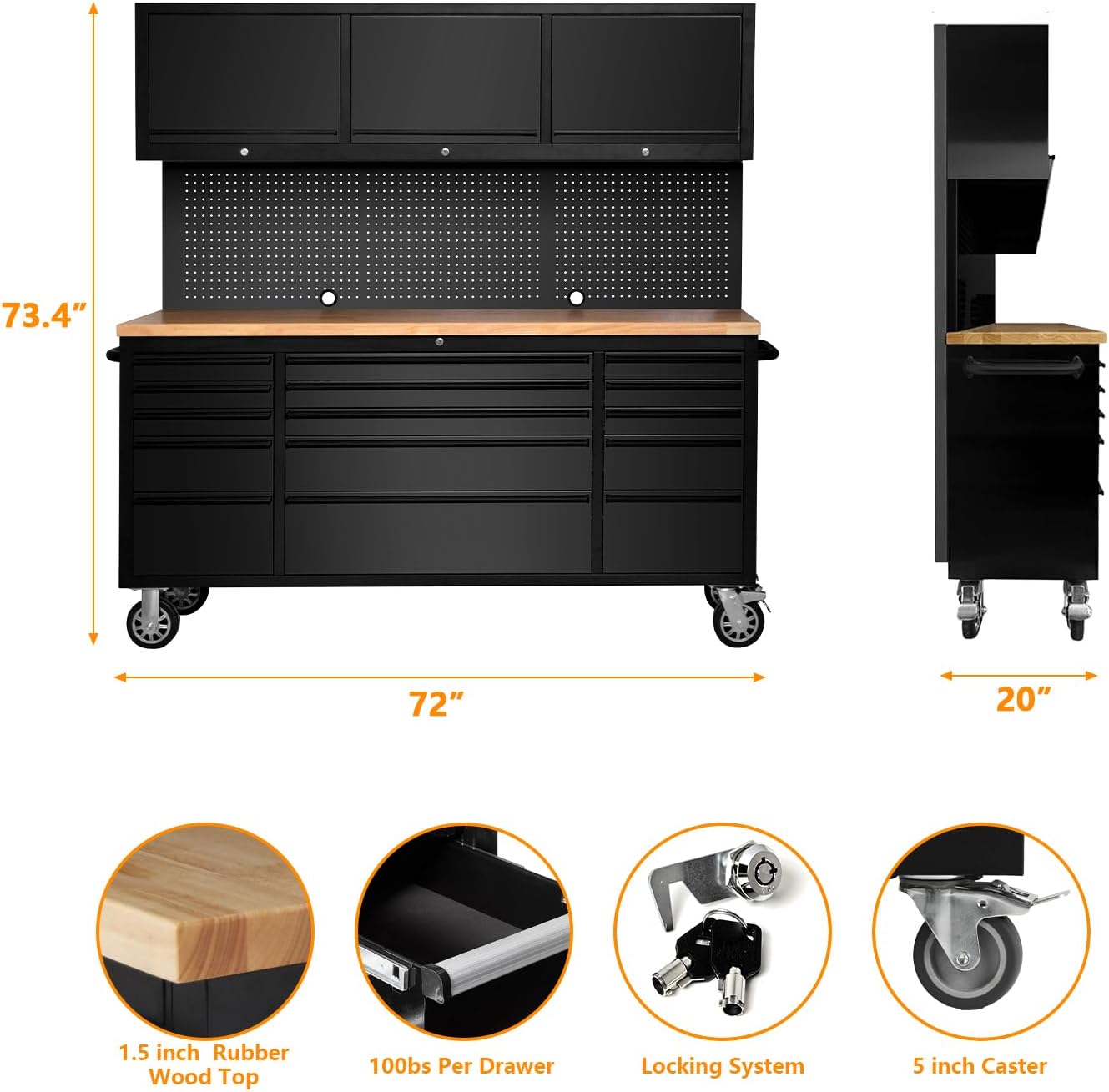 صندوق أدوات متحرك من جارفي تيك، مقاس 72 بوصة، طاولة عمل متنقلة شديدة التحمل مع 3 خزائن علوية، و15 درجًا ولوحًا خشبيًا، وخزانة تخزين أدوات كبيرة للمرآب أو ورشة العمل أو الاستخدام المنزلي