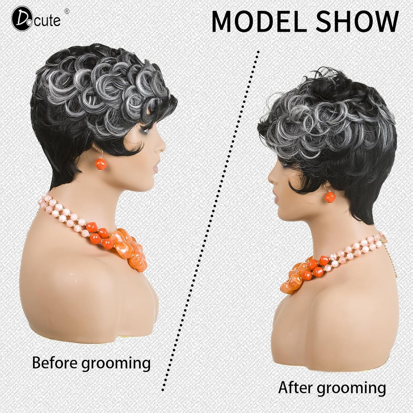 باروكة شعر رمادية قصيرة مع غرة للنساء ذوات البشرة السمراء - نمط قصير مجعد طبيعي مموج منفوش (رمادي) 