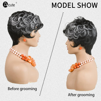 باروكة شعر رمادية قصيرة مع غرة للنساء ذوات البشرة السمراء - نمط قصير مجعد طبيعي مموج منفوش (رمادي) 