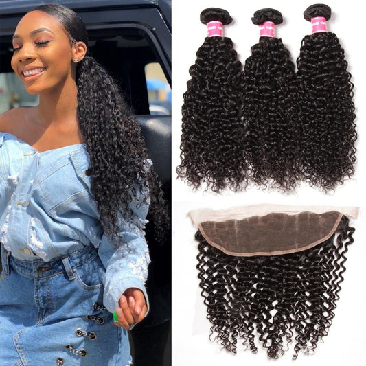 شعر بيروفي مجعد بثلاث حزم مع إغلاق أمامي من الدانتيل - شعر