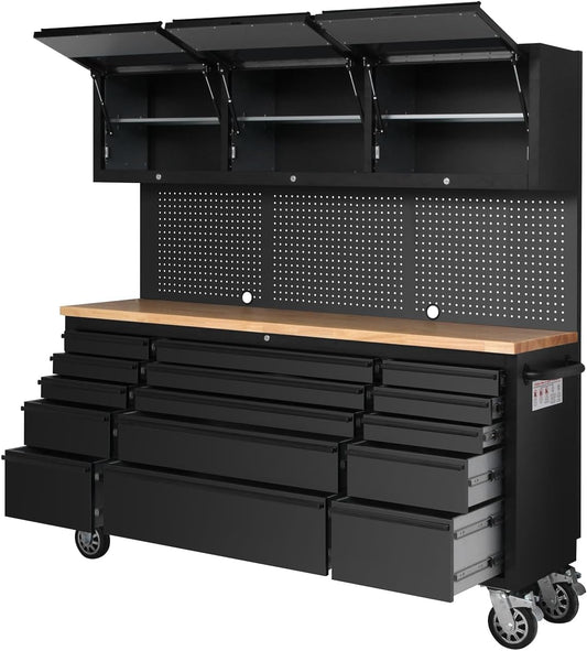 GarveeTech 72 Inch Rolling Tool Chest, Heavy Duty Mobile Workbench with 3 Upper Cabinets, 15 Drawers &amp; Pegboard, Large Tool Storage Cabinet for Garage, Workshop, or Home Use 