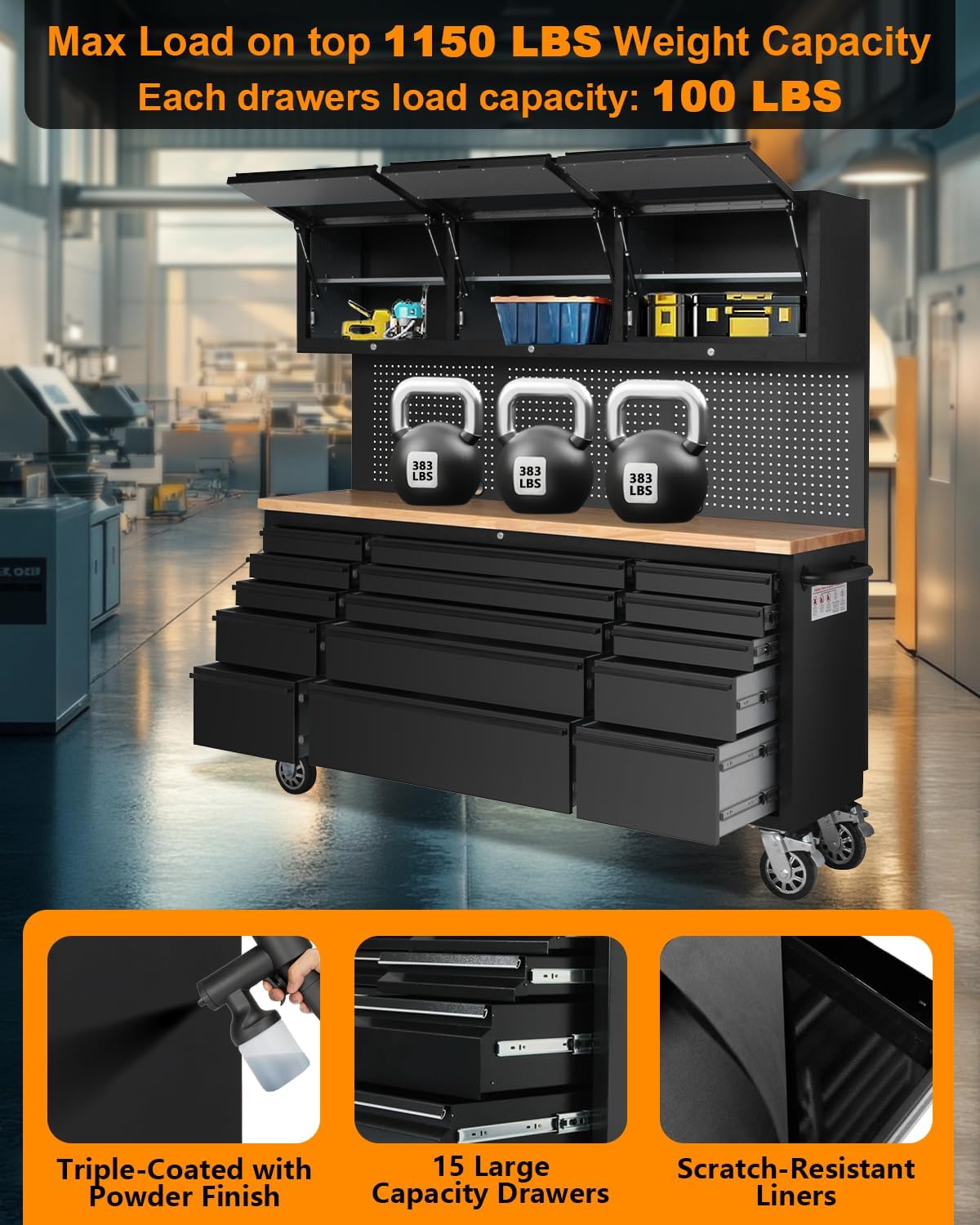 صندوق أدوات متحرك من جارفي تيك، مقاس 72 بوصة، طاولة عمل متنقلة شديدة التحمل مع 3 خزائن علوية، و15 درجًا ولوحًا خشبيًا، وخزانة تخزين أدوات كبيرة للمرآب أو ورشة العمل أو الاستخدام المنزلي 