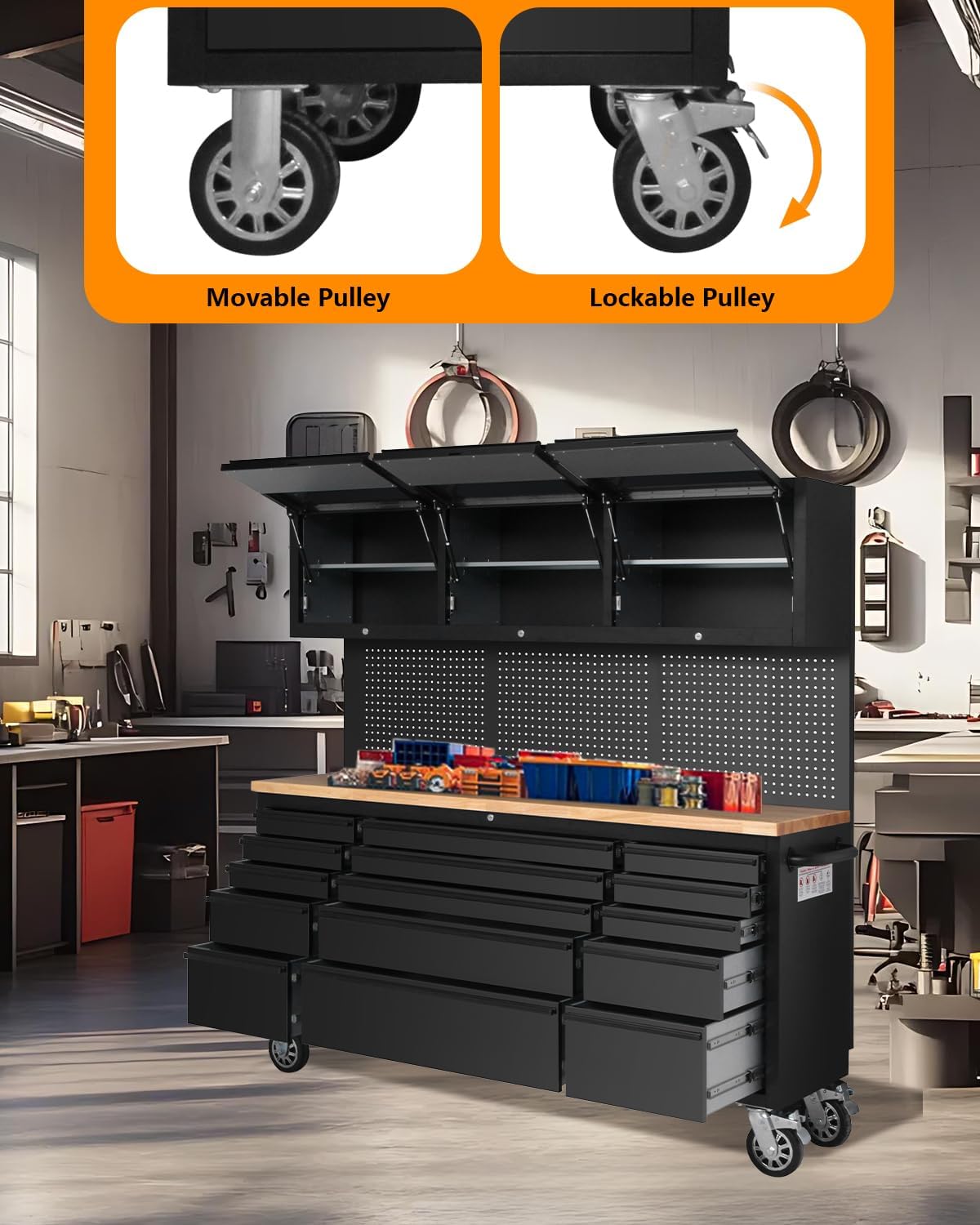 صندوق أدوات متحرك من جارفي تيك، مقاس 72 بوصة، طاولة عمل متنقلة شديدة التحمل مع 3 خزائن علوية، و15 درجًا ولوحًا خشبيًا، وخزانة تخزين أدوات كبيرة للمرآب أو ورشة العمل أو الاستخدام المنزلي 