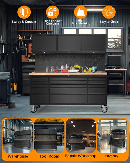 صندوق أدوات متحرك من جارفي تيك، مقاس 72 بوصة، طاولة عمل متنقلة شديدة التحمل مع 3 خزائن علوية، و15 درجًا ولوحًا خشبيًا، وخزانة تخزين أدوات كبيرة للمرآب أو ورشة العمل أو الاستخدام المنزلي 