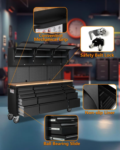 صندوق أدوات متحرك من جارفي تيك، مقاس 72 بوصة، طاولة عمل متنقلة شديدة التحمل مع 3 خزائن علوية، و15 درجًا ولوحًا خشبيًا، وخزانة تخزين أدوات كبيرة للمرآب أو ورشة العمل أو الاستخدام المنزلي 