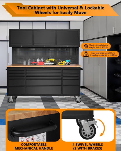 صندوق أدوات متحرك من جارفي تيك، مقاس 72 بوصة، طاولة عمل متنقلة شديدة التحمل مع 3 خزائن علوية، و15 درجًا ولوحًا خشبيًا، وخزانة تخزين أدوات كبيرة للمرآب أو ورشة العمل أو الاستخدام المنزلي 