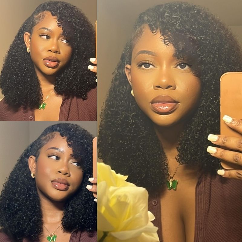 باروكة شعر قصيرة بوب على شكل حرف V، باروكة شعر جيري مجعدة بدون غراء، تناسب فروة الرأس الحقيقية، لا تترك الشعر منسدلاً، مناسبة للمبتدئين