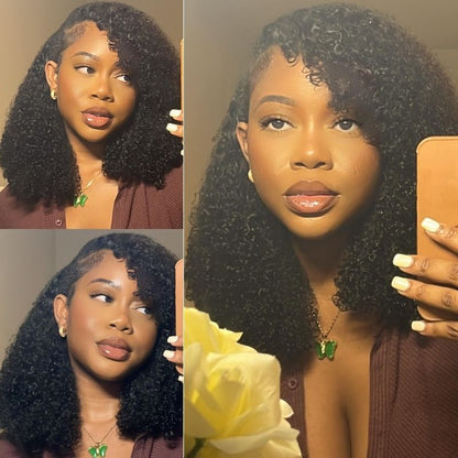 باروكة شعر قصيرة بوب على شكل حرف V، باروكة شعر جيري مجعدة بدون غراء، تناسب فروة الرأس الحقيقية، لا تترك الشعر منسدلاً، مناسبة للمبتدئين