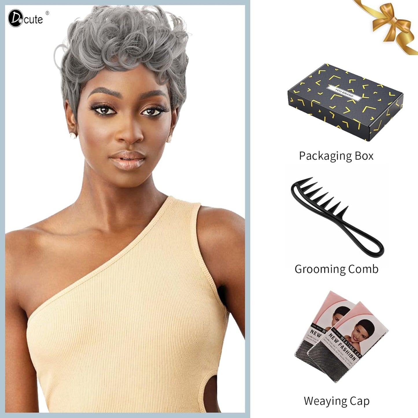 باروكة شعر رمادية قصيرة مع غرة للنساء ذوات البشرة السمراء - نمط قصير مجعد طبيعي مموج منفوش (رمادي) 