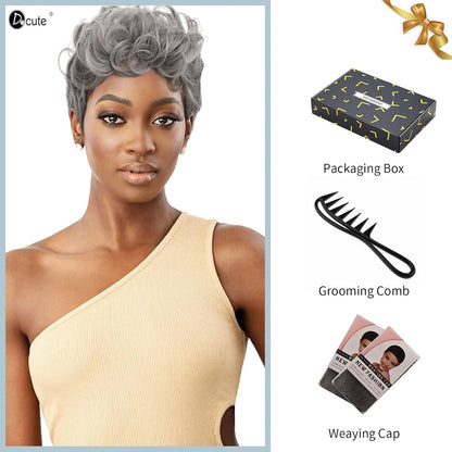 باروكة شعر رمادية قصيرة مع غرة للنساء ذوات البشرة السمراء - نمط قصير مجعد طبيعي مموج منفوش (رمادي) 