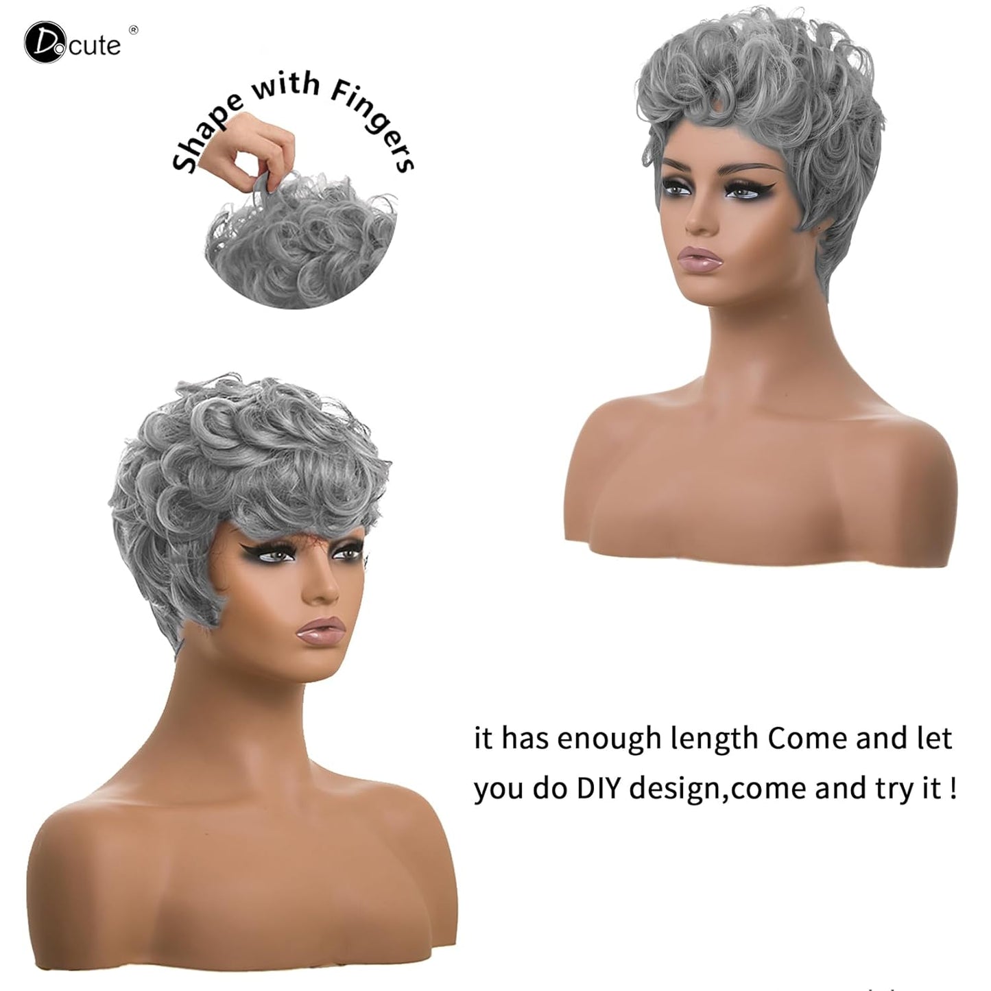 باروكة شعر رمادية قصيرة مع غرة للنساء ذوات البشرة السمراء - نمط قصير مجعد طبيعي مموج منفوش (رمادي) 