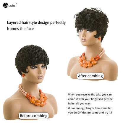 باروكة شعر رمادية قصيرة مع غرة للنساء ذوات البشرة السمراء - نمط قصير مجعد طبيعي مموج منفوش (رمادي) 